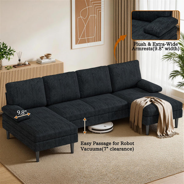 U-Shaped Sectional Sofa with Double Chaise Lounge, 101" Chenille 4-Seat Couch