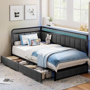Corner Bed Frame with Storage Drawers, LED Lights & Charging Station