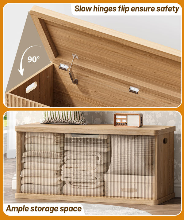 Fluted Storage Chest Bench with Safety Hinges – Natural Oak