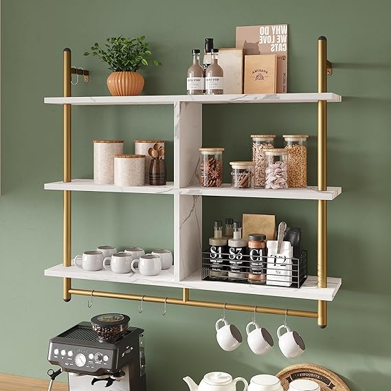 3-Tier Wall Mounted Floating Pipe Shelf with Hooks