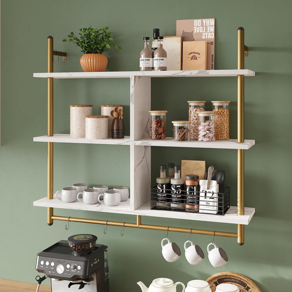 3-Tier Wall Mounted Floating Pipe Shelf with Hooks