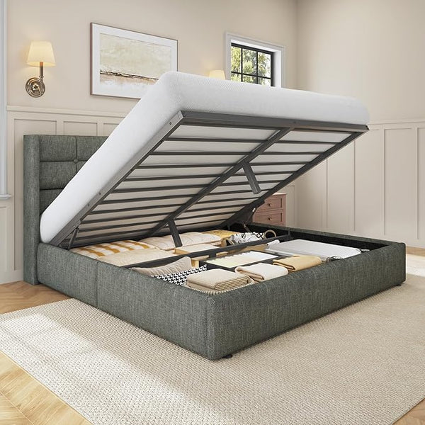 Lift Up Storage Bed Frame with Wingback Headboard