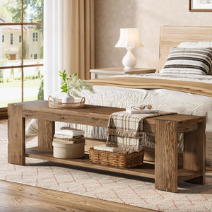 Solid Wood Entryway Bench with Storage Shelf, 55-Inch