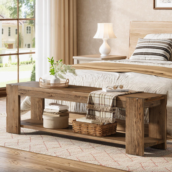 Solid Wood Entryway Bench with Storage Shelf, 55-Inch