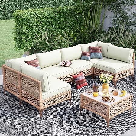 Outdoor Patio Sectional Sofa Set with Tempered Glass Coffee Table
