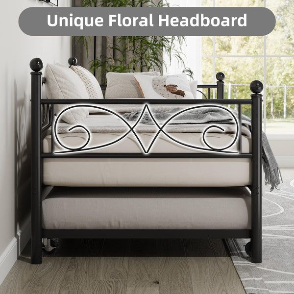 Twin Daybed with Trundle - Metal Bed Frame with Storage