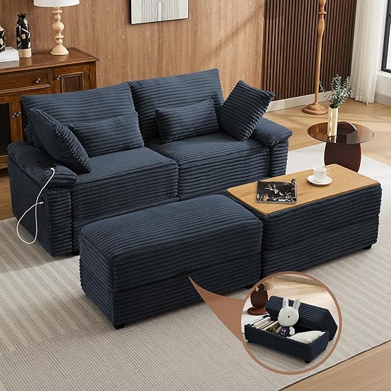 Corduroy Loveseat with Storage Ottomans & USB Port