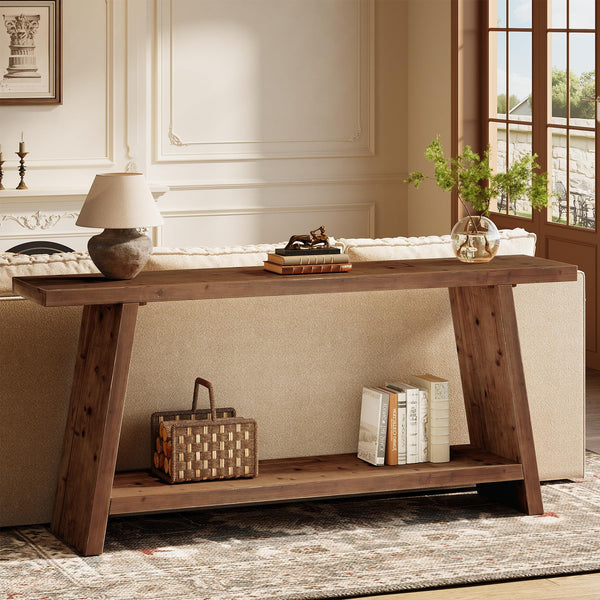 70.9" Farmhouse Solid Wood Console Table with 2-Tier Storage