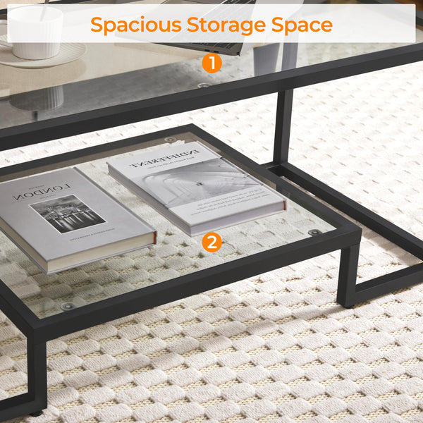 Tempered Glass Coffee Table with Open Storage Shelf