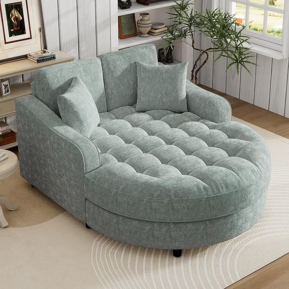Chenille Chaise Lounge Sofa Bed with Tufted Seat & Removable Pillows
