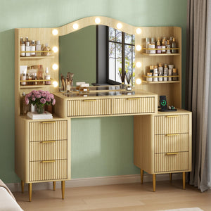55" Fluted Makeup Vanity Desk with Mirror, LED Lights & Power Outlet