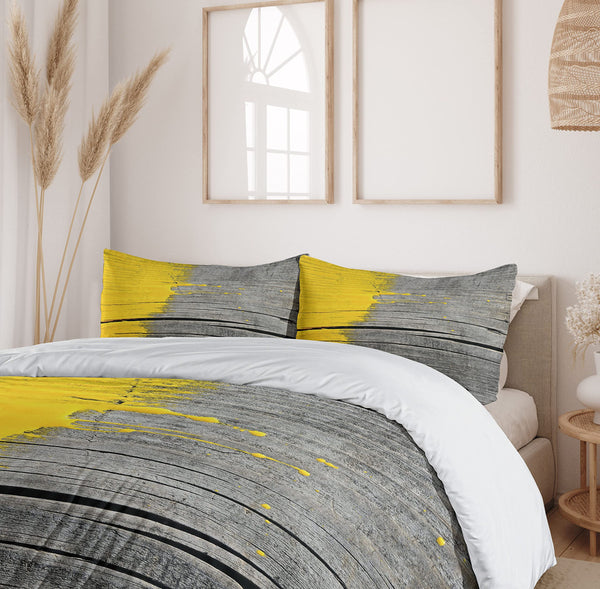 Queen Duvet Cover Set – Yellow Grey Brushed Microfiber 3-Piece Bedding Set with Pillow Shams