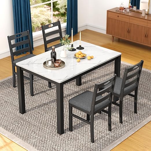 5-Piece Farmhouse Dining Table Set for 4 — Wood Kitchen Table and Chairs