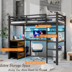 Twin Loft Bed with U-Shaped Desk, LED, Storage Drawers & Power Outlet