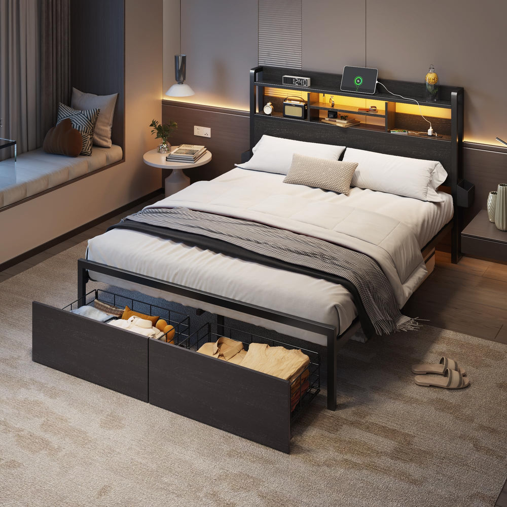 Full Size Bed Frame with Storage Drawers, LED Lights & Charging Station