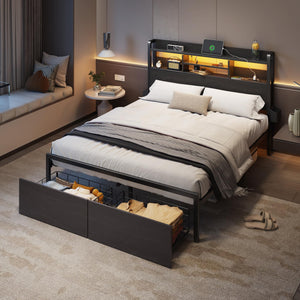 Full Size Bed Frame with Storage Drawers, LED Lights & Charging Station