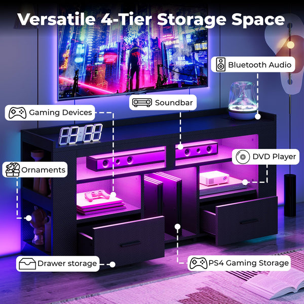 TV Stand with Drawers, LED Lights & Charging Station for 50–70 Inch TVs