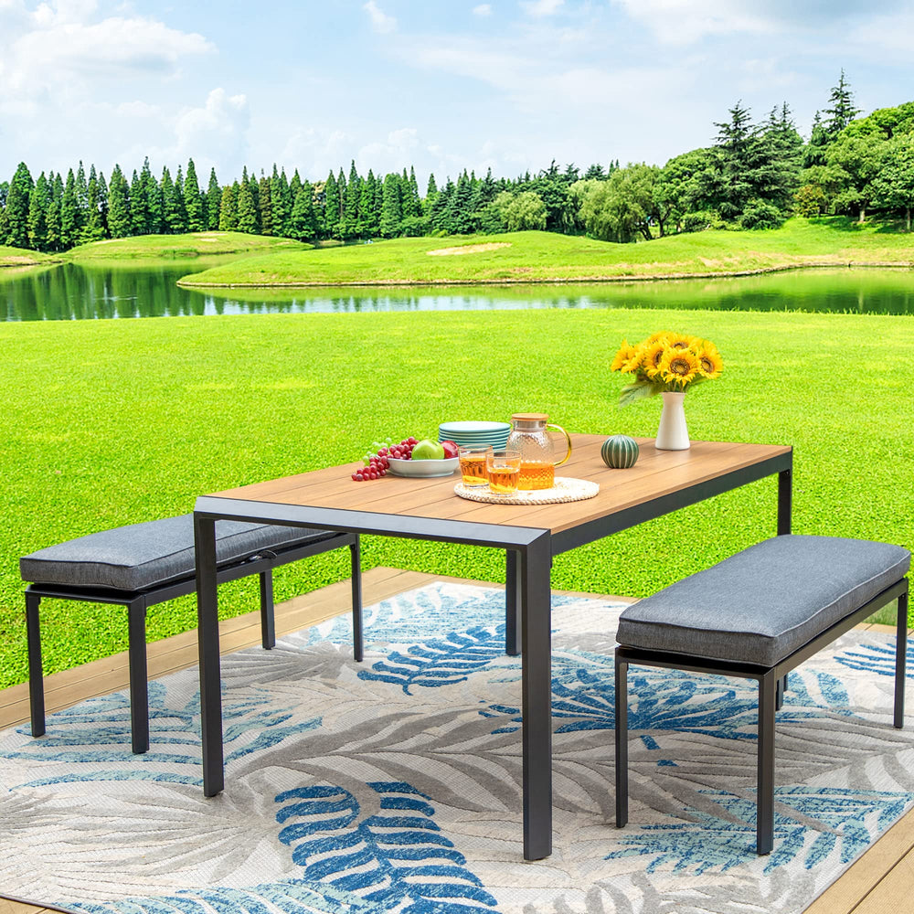 3-Piece Aluminium Patio Dining Set with Benches and Cushions