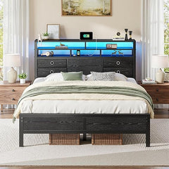 King Size Bed Frame with LED Lights, Storage Headboard & Charging Ports