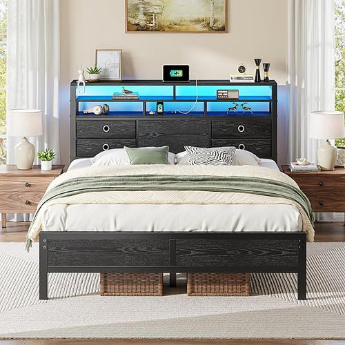 King Size Bed Frame with LED Lights, Storage Headboard & Charging Ports