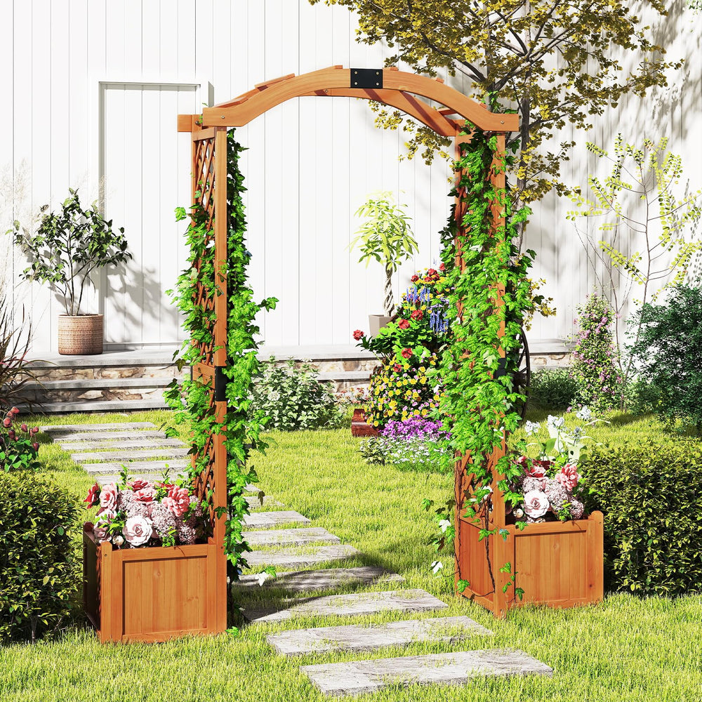 Wooden Garden Arbor with Planter Boxes & Climbing Trellis
