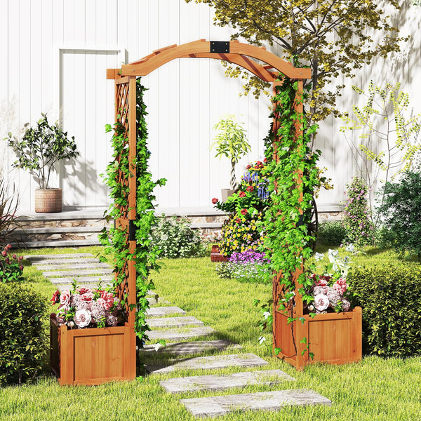 Wooden Garden Arbor with Planter Boxes & Climbing Trellis