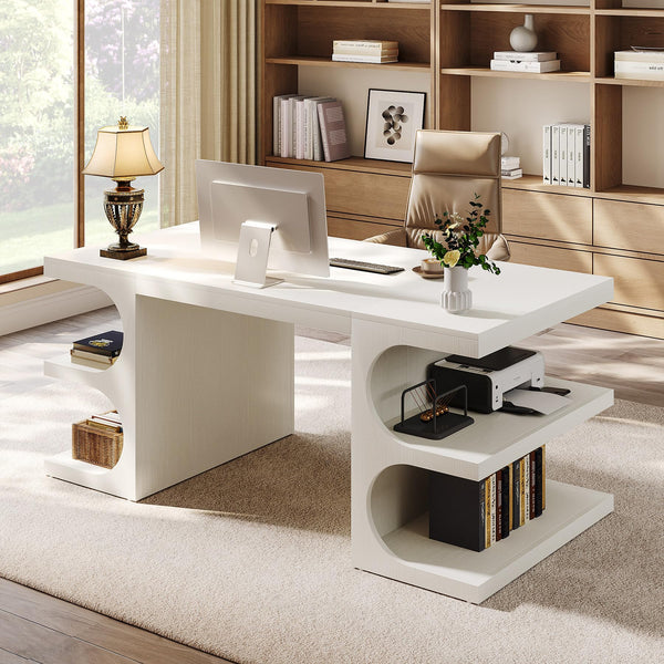 63-Inch White Executive Office Desk with Storage Shelves