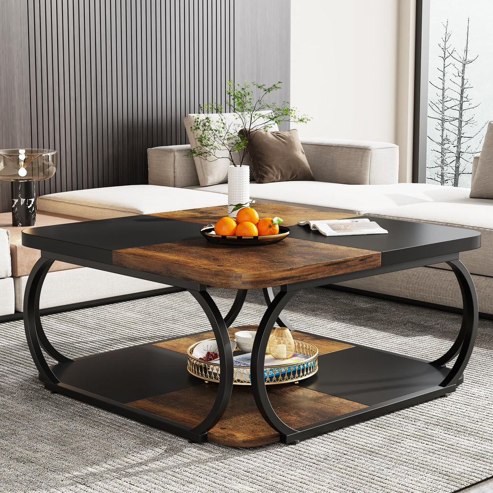 Square Two-Tier Coffee Table with Metal Frame