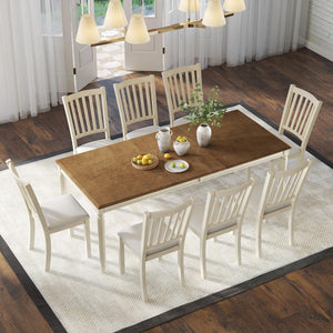 Farmhouse Solid Wood Dining Table Set with 8 Upholstered Chairs
