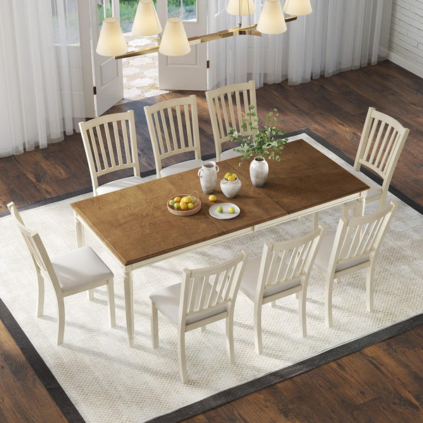 Farmhouse Solid Wood Dining Table Set with 8 Upholstered Chairs