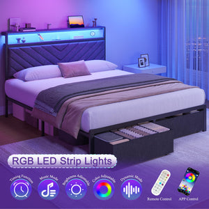 Queen Bed Frame with Storage Drawers, LED Lights & Charging Station