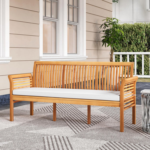 3-Person Acacia Wood Outdoor Bench with Cushion