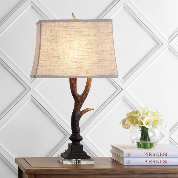 Antler Rustic Table Lamp – Brown, Crystal Base, Linen Shade