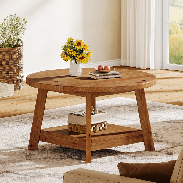 Round Solid Wood Coffee Table with Storage Shelf