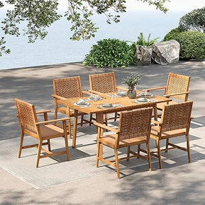 Outdoor Teak Wood Patio Dining Set with Rattan Chairs