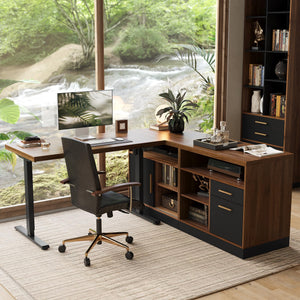 67" L-Shaped Electric Standing Desk with File Cabinets