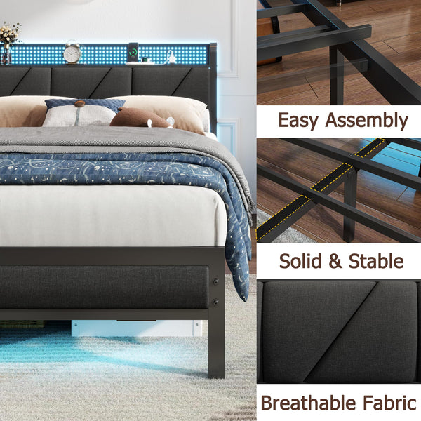 Metal Platform Bed Frame with LED Headboard & Charging Station