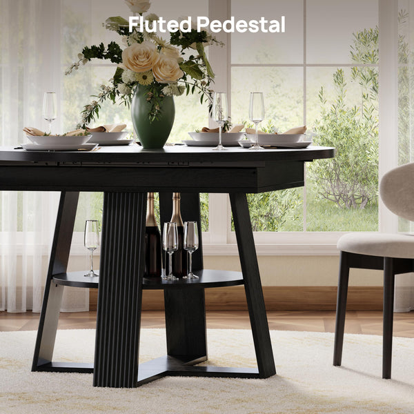 43–59" Fluted Extendable Round to Oval Dining Table with Storage, Seats 4–8