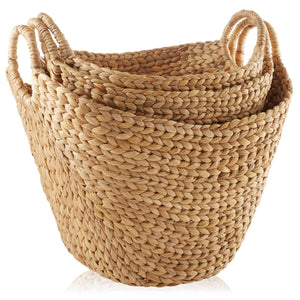 Set of 3 Woven Water Hyacinth Storage Baskets with Handles
