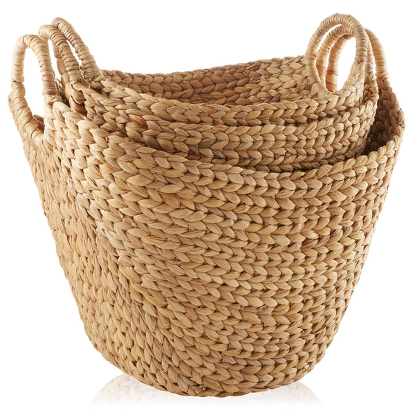 Set of 3 Woven Water Hyacinth Storage Baskets with Handles