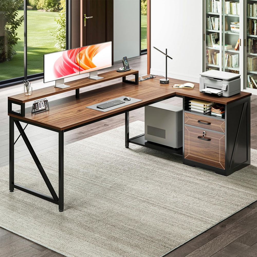 L-Shaped Executive Desk with File Cabinet, LED Lights & Power Outlet, 61 Inch Corner Computer Desk with Monitor Stand