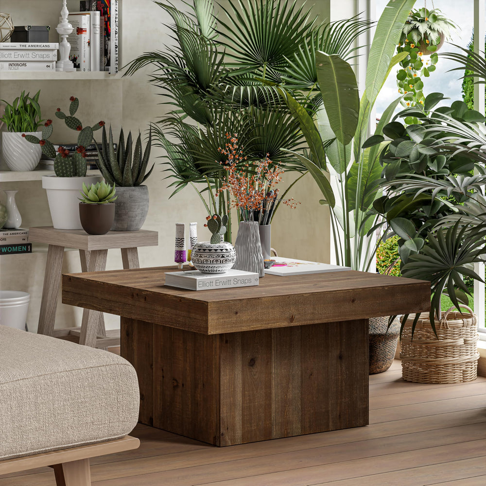 Farmhouse Square Wood Block Coffee Table with Distressed Finish