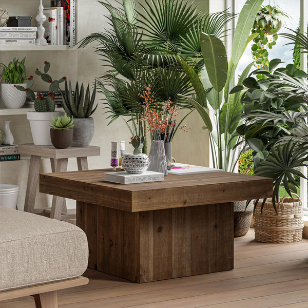 Farmhouse Square Wood Block Coffee Table with Distressed Finish