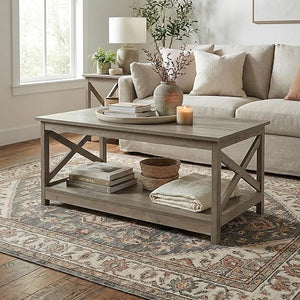 Rainbow Sophia Coffee Table, Modern Farmhouse Wood Coffee Table with 2-Tier Storage, 40 Inch, Sargent Oak