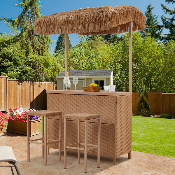 3-Piece Outdoor Tiki Bar Set with Stools & Canopy