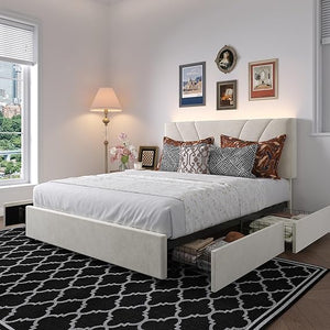 Queen Bed Frame with LED Lights, Drawers & Charging Station