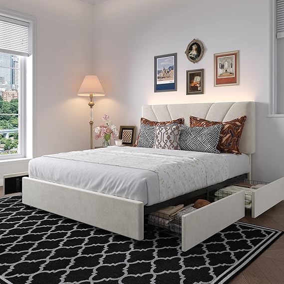 Queen Bed Frame with LED Lights, Drawers & Charging Station