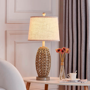 Natural Rattan Table Lamps Set of 2 – Dimmable Touch Control, USB Charging, Oatmeal Shade
