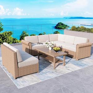L-Shape Outdoor Wicker Sectional Sofa Set with Cushions & Coffee Table