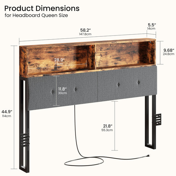 Queen Upholstered Headboard with Storage, LED Light & Charging Station